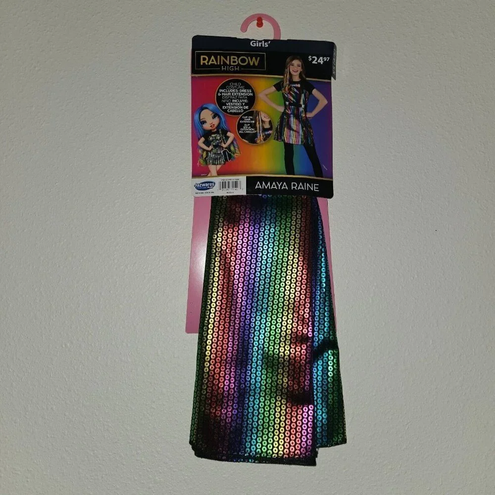 NWT Rainbow High Amaya Raine Halloween Costume Girls XS 4/5 Dress Hair Extension